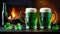 Banner, St. Patrick's Day, concept. Two glasses of green Irish beer with foam and a bottle of green beer stand on a