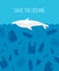 Banner stop ocean plastic pollution. Ecological poster with dolphin dead in plastic garbage on blue background.