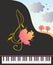 Banner with stylized grand piano, fantasy treble clef with autumn leaf and country landscape in vector