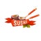 Banner Sushi with chopstick and ribbon. Vector