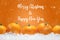 Banner with tangerines in the form of fur-tree toys on the snow, with falling snow. Orange background with the inscription Happy