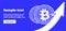 A banner template with text, a button and two coins of the digital crypto currency bitcoin near the voluminous white