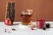 Banner. Trending photo of autumn hot tea with spices and berries. Autumn mood. Copy space
