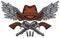 Banner with two old pistols, cowboy hat and wings