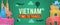 Banner of Vietnam famous landmark silhouette colorful style,plane and balloon fly around with cloud