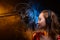 Banner. Vocalist sings in the studio. Practice and school of vocal. Music and teaching. Effective photo with blue and orange smoke