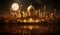 banner in warm golden tones with a mosque at night on the background of the sky with stars