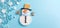 Banner with white quilling snowman closeup on blue background, top view. Merry Christmas and Happy New Year holiday concept