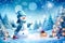 Banner with white snowman closeup on blue background, top view. Merry Christmas and Happy New Year holiday concept