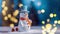 Banner with white snowman closeup on blue background, top view. Merry Christmas and Happy New Year holiday concept