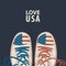 Banner with words Love USA and white sneakers