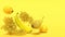 Banner with yellow fruits on a yellow background with free space for text. Composition of bunches of grapes, bananas, pears and le