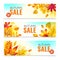 Banners with fall leaves. Autumn season discount offers with red and orange realistic foliage. Colorful leaf design
