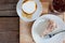 Banoffee cake,a cup of coffee and a glass of lemontea