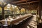 banquet hall, with long tables set up for a formal outdoor dining event