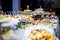 Banquet table for a banquet in a restaurant.buffet table, Canape, sandwiches, snacks, holiday table, sliced,