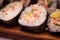 Banquet table with sushi on corporate christmas, birthday party or wedding celebration