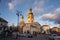 Banska Bystrica, Slovakia - January 11th, 2020: Main square of Slovak National Uprising..View on town castle Barbakan and church