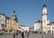 Banska Bystrica, Slovakia - October 27th, 2019: Main square of Slovak National Uprising..View on town castle Barbakan, clock tower