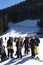 Bansko, Bulgaria, April 03, 2018: Bansko ski station, Kolarski ski lift at Banderishka polyana. A group of Skiers in colorful
