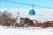 Bansko cable car cabin and snow peaks, Bulgaria