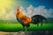 Bantam chicken stand on timber in green rice field background