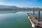 Banyoles lake with ducks on dock Catalonia Spain