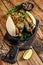 Bao bun, steamed sandwich with pork. Wooden background. Top view