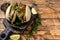 Bao bun, steamed sandwich with pork. Wooden background. Top view. Copy space