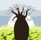 Baobab tree landscape with green hills and sun. Baobab silhouette. African sunrise background
