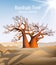 Baobab tree Vector safari background. Hot sunny day and sand dunes