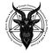Baphomet demon goat head hand drawn print or blackwork flash tattoo art design vector illustration. Latin inscription translation