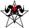 Baphomet, Goat headed demon with  pentagram sometimes known as a pentalpha, pentangle or star pentagon and inverted cross, petru