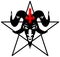 Baphomet, Goat headed demon with  pentagram sometimes known as a pentalpha, pentangle or star pentagon and inverted cross, petru