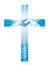 Baptism Christian cross with dove and waves of water on a blue background. Religious sign