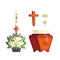 Baptism sacrament. Baptismal font, cross, chrism oils, shell and a floral bouquet