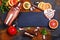 Bar accessories, drink tools and cocktail ingredients on rusty stone table. Flat lay style