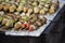 Bar-B-Q or BBQ with kebab cooking. Coal grill of pork skewers wi