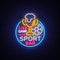 Bar bar logo in neon style. Football fan club, neon sign, light banner, beer label and soccer ball, or cup for live team