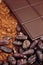 Bar of chocolate, cocoa beans , cocoa powder