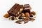 Bar of chocolate surrounded by nuts and nuts on white background with bite taken out of one of the bars. Generative AI