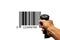 Bar code. Retail label barcode scan. Reader laser scanner for warehouse holding hand. Product code data concept.