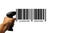 Bar code. Retail label barcode scan. Reader laser scanner for warehouse holding hand. Product code data concept.