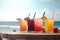 Bar counter on the beach Glasses with cocktails lie on the beach, AI