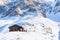 Bar at middle station of Cable Car Telepherique Aiguille du Midi and mountains panorama Chamonix, France.