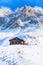 Bar at middle station of Cable Car Telepherique Aiguille du Midi and mountains panorama Chamonix, France.