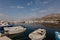 Bar, Montenegro - November 31, 2018. fishing boats on the background of mountains and yachts on the Adriatic coast. - Image