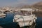 Bar, Montenegro - November 31, 2018. fishing boats on the background of mountains and yachts on the Adriatic coast. - Image