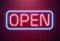 Bar open light Neon Sign. Night store red glowing letters . Open 24 hours sign