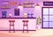 Bar or Pub at Evening with Alcohol Drinks Bottles, Bartender, Table, Interior and Chairs in Indoor Room in Illustration